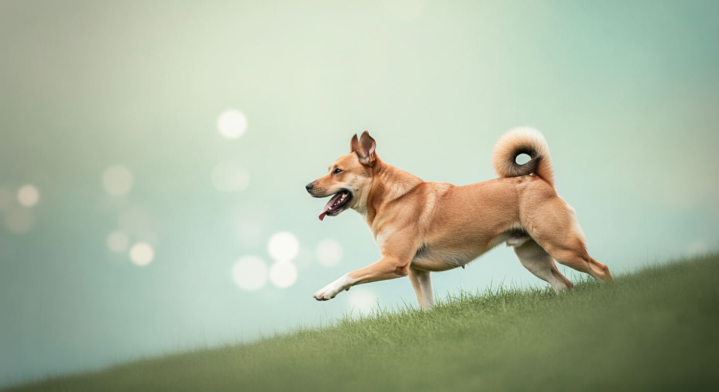 パステルカラーの柔らかな光の中、緩やかな芝生の坂を駆け上がろうとする犬の後ろ足の筋肉のクローズアップ。