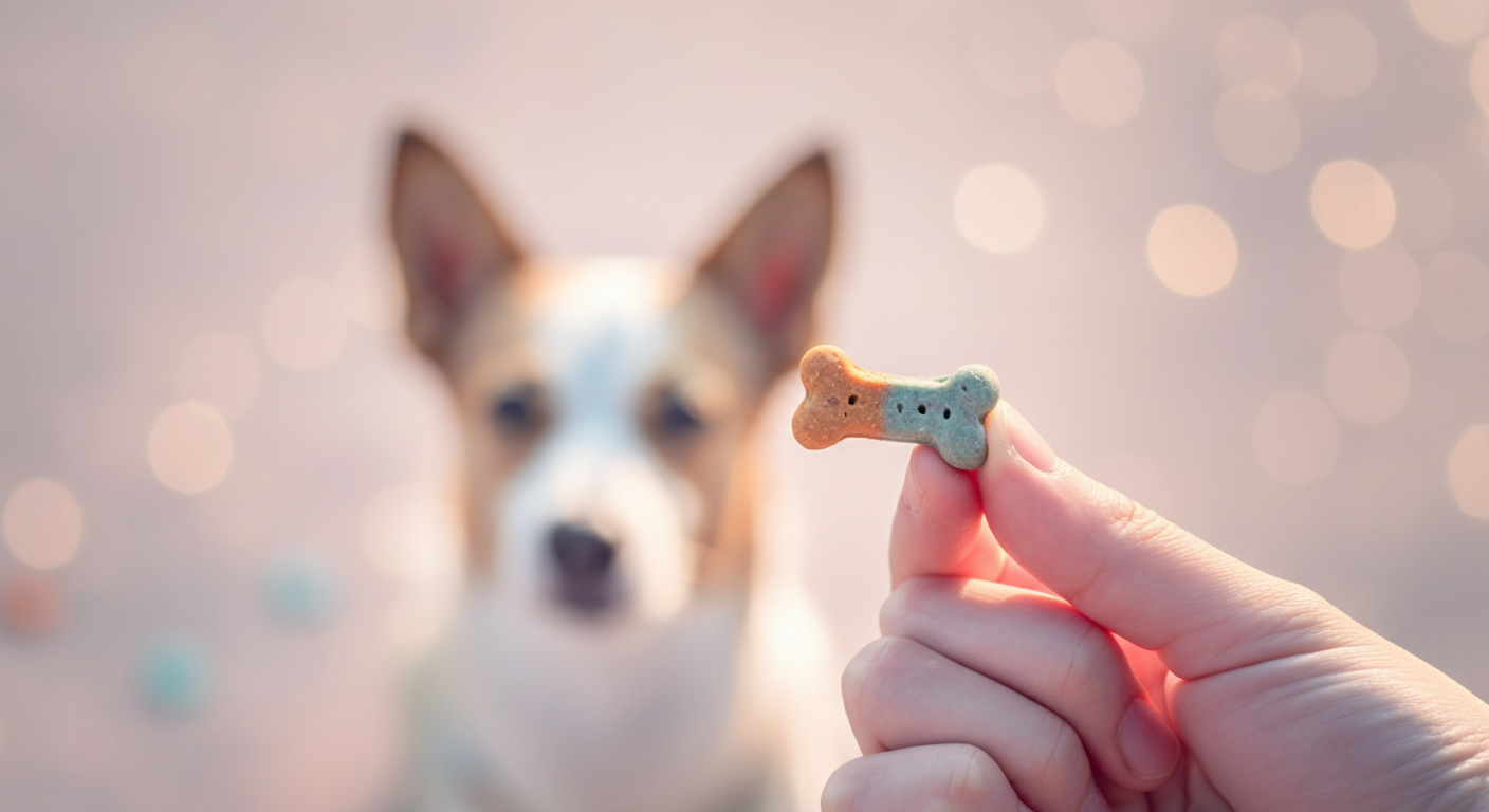 パステルカラーの背景にぼかされた犬のシルエットと、指でつまんだ一つのドッグトリーツ