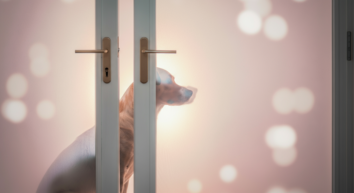 すりガラス越しに見える犬のシルエット。注意深く見守っている様子を表現。