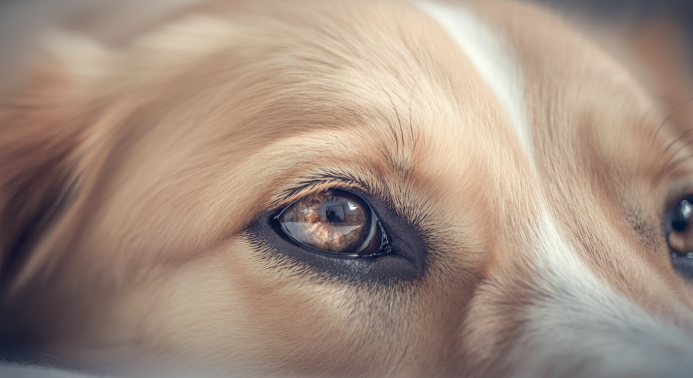 少しだけ開いた犬の目のクローズアップ写真。瞳には柔らかな光が反射している。