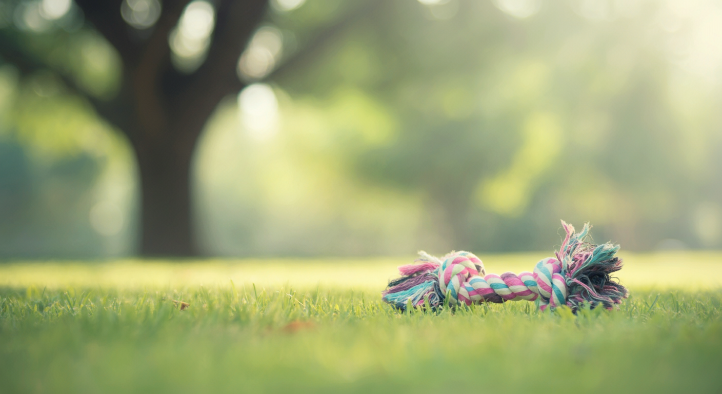 大きな木の木漏れ日が、芝生の上に置かれた犬のおもちゃに降り注いでいる様子