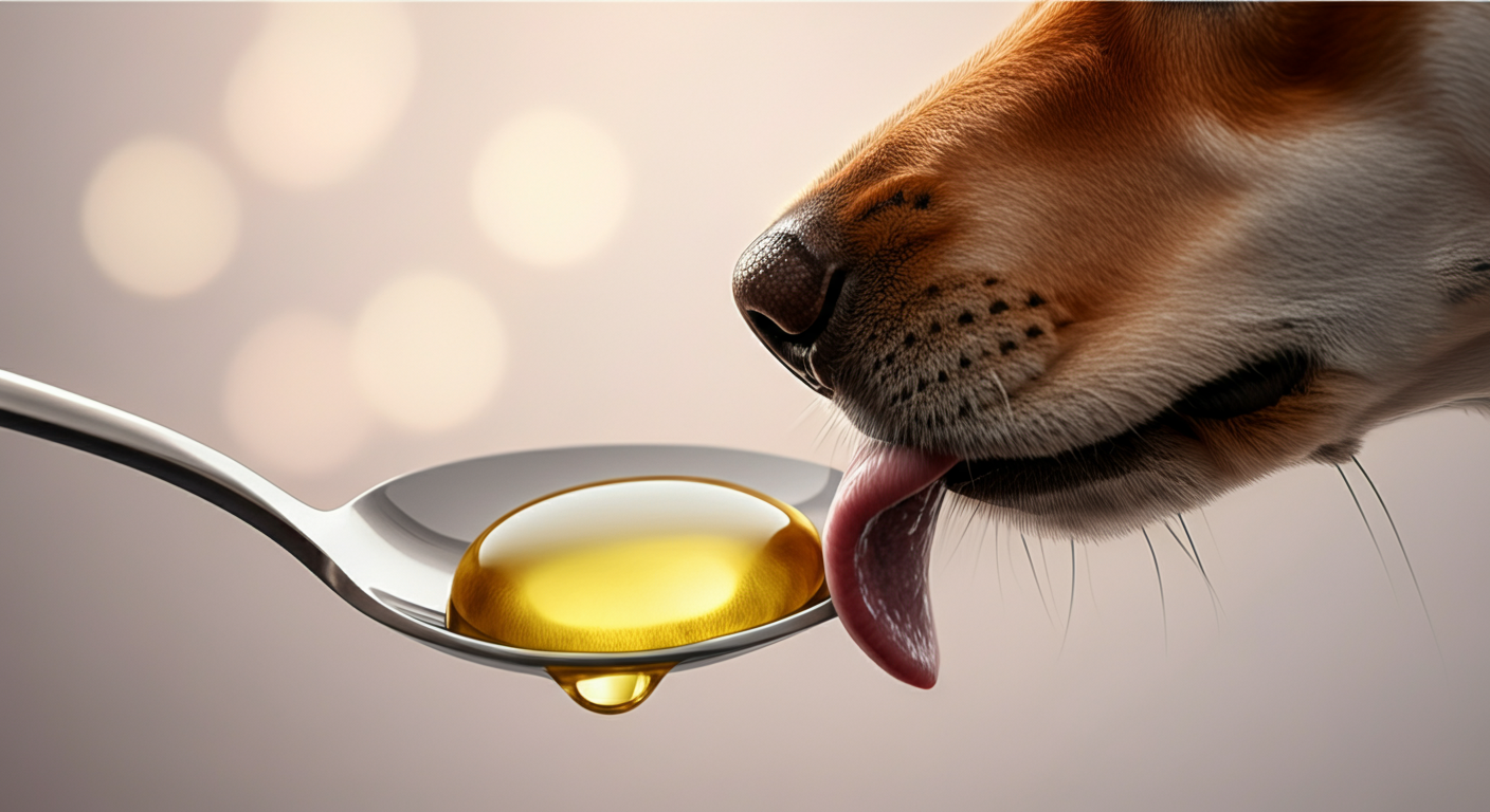 パステルカラーのミニマルな空間で、スプーンに乗せられたオメガ3オイルのしずく。犬の鼻先がぼやけて写り込んでいる。