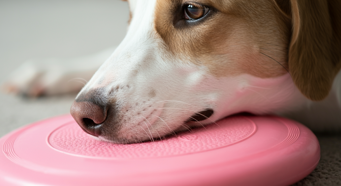 パステルピンクのフリスビーに鼻先を乗せて静かにしている犬のクローズアップ写真。