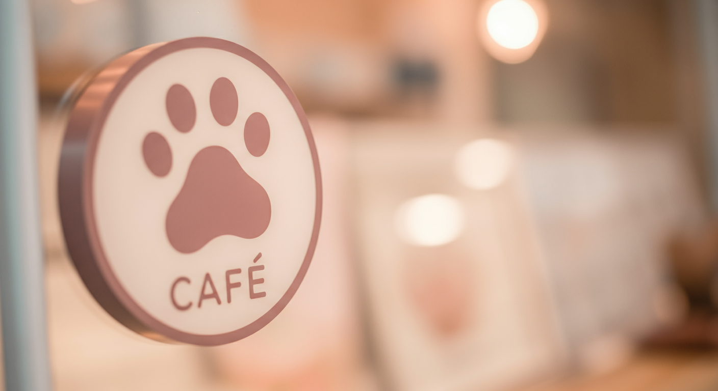 犬同伴可能なカフェの、パステルカラーのおしゃれな看板の抽象的な写真。