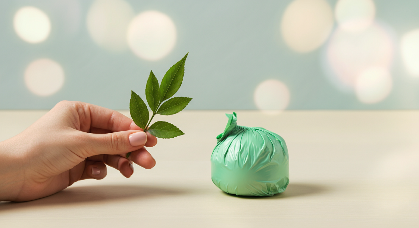 緑の葉の横に、環境に配慮した素材のうんち袋が置かれている様子の写真。