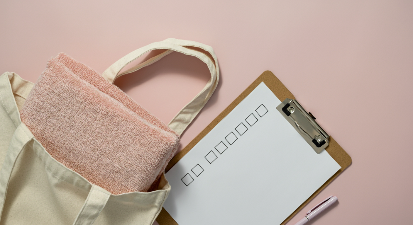 チェックリストとタオルが入ったトートバッグの平置き写真
