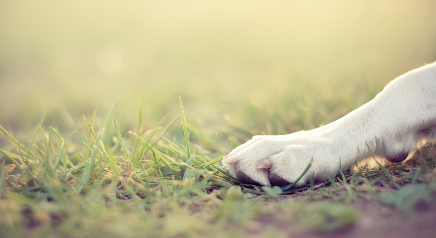 緑の芝生にそっと置かれた犬の足のクローズアップ。広大なフィールドを背景にしている。