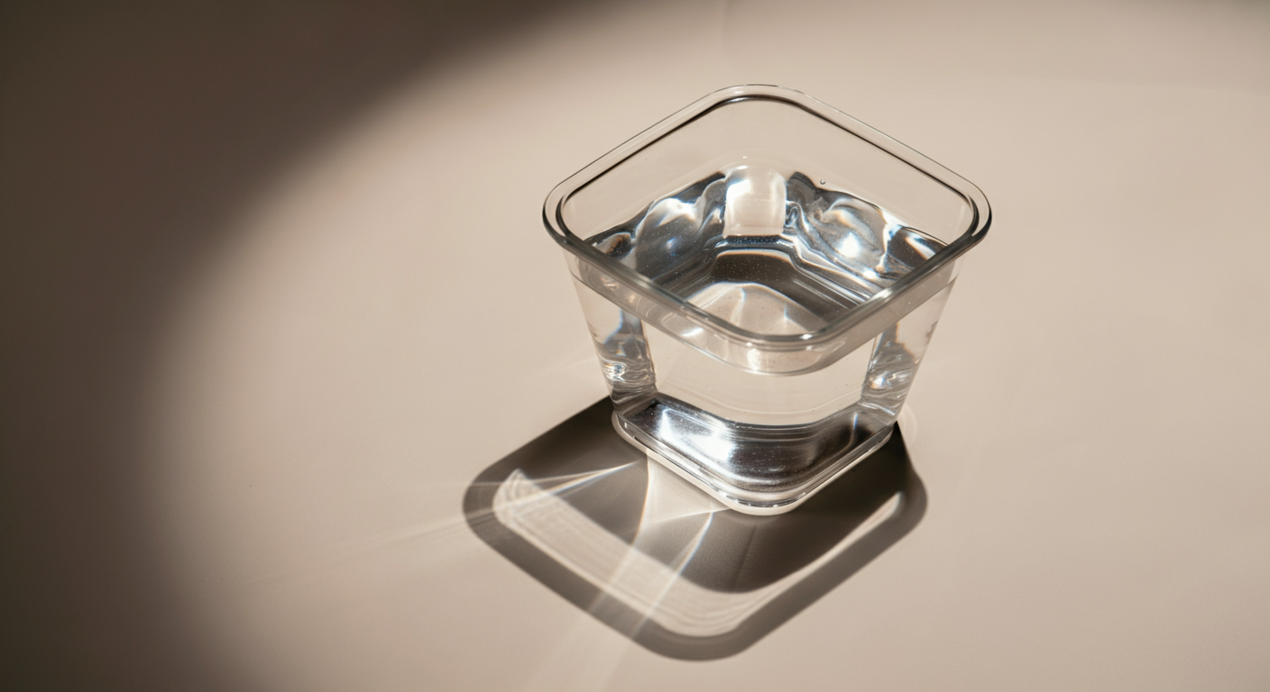 透明な四角い食品保存容器にきれいな水が入っており、明るい色の平面に幾何学的な影を落としているアートな写真。