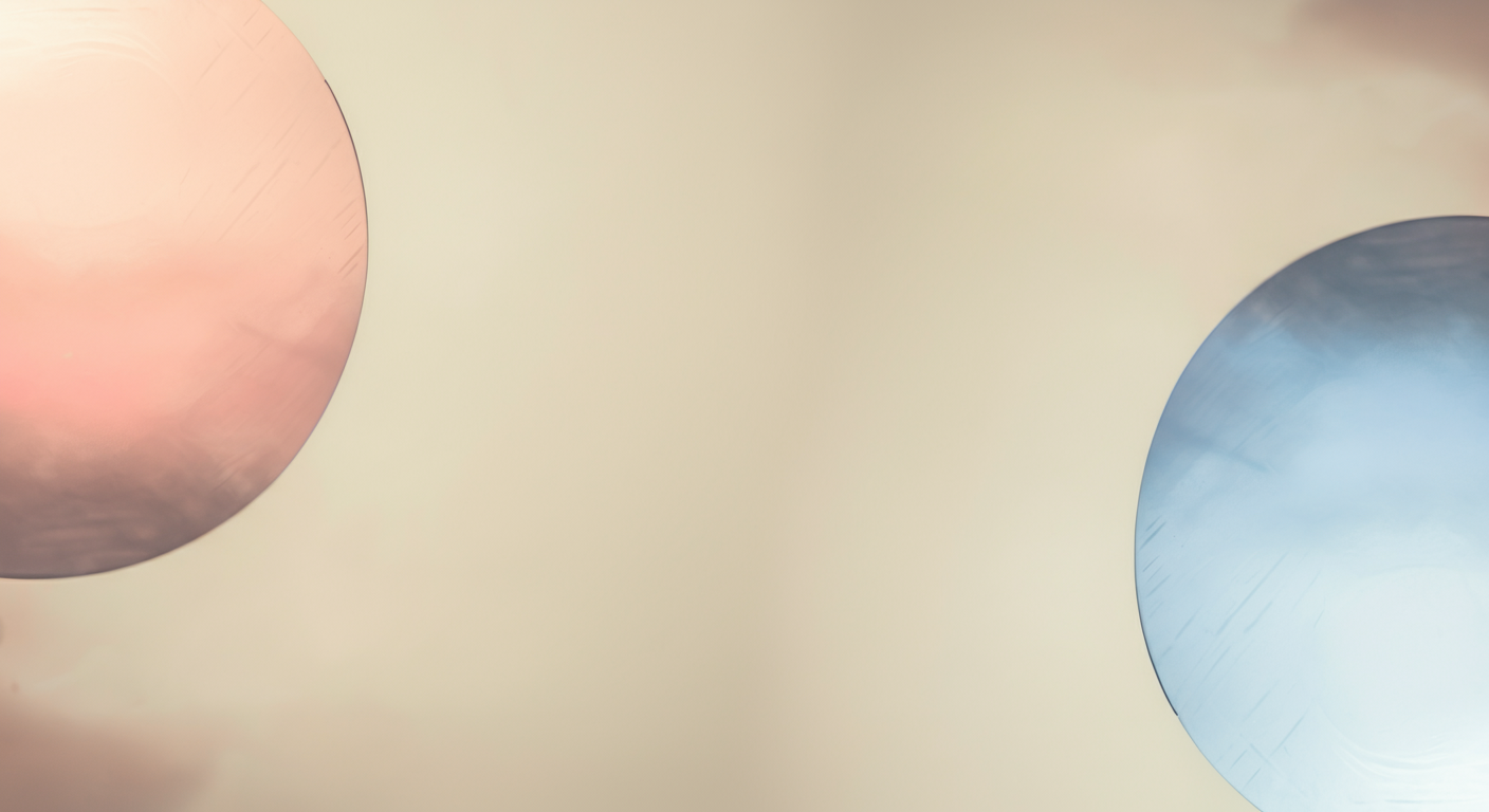 クリーム色の背景に、運動前を象徴するピンクと運動後を象徴する青の、2つの光の円が重なっている抽象的な写真。