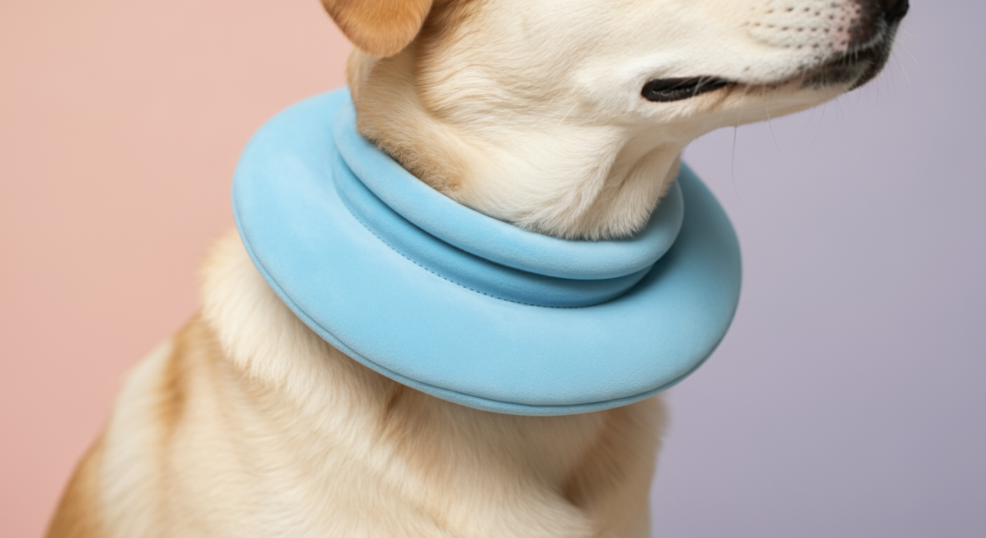サイズの合っていない大きなクールネックが、犬の首からずり落ちそうになっている様子を捉えたコンセプチュアルな写真。