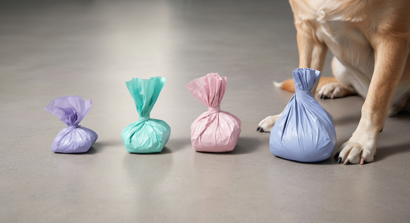 S, M, Lとサイズの違う3つのうんち袋が並べられており、一番大きい袋の横に大型犬の足が置かれている。