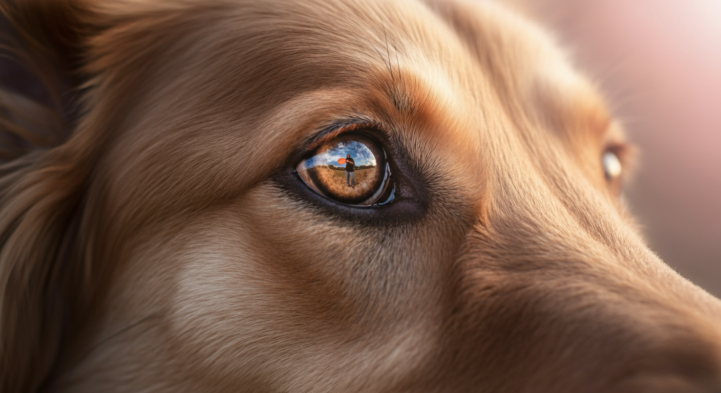 フリスビーを投げる前の「待て」の指示で、集中している犬の瞳のクローズアップ