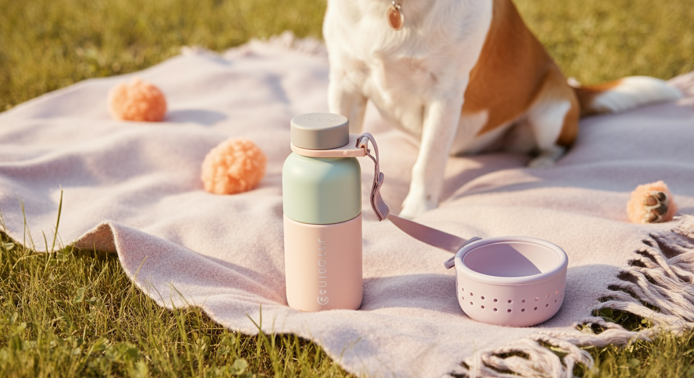 芝生の上に置かれたパステルカラーの携帯用ウォーターボトルと水飲みボウル。その横に犬の前足がそっと置かれている。