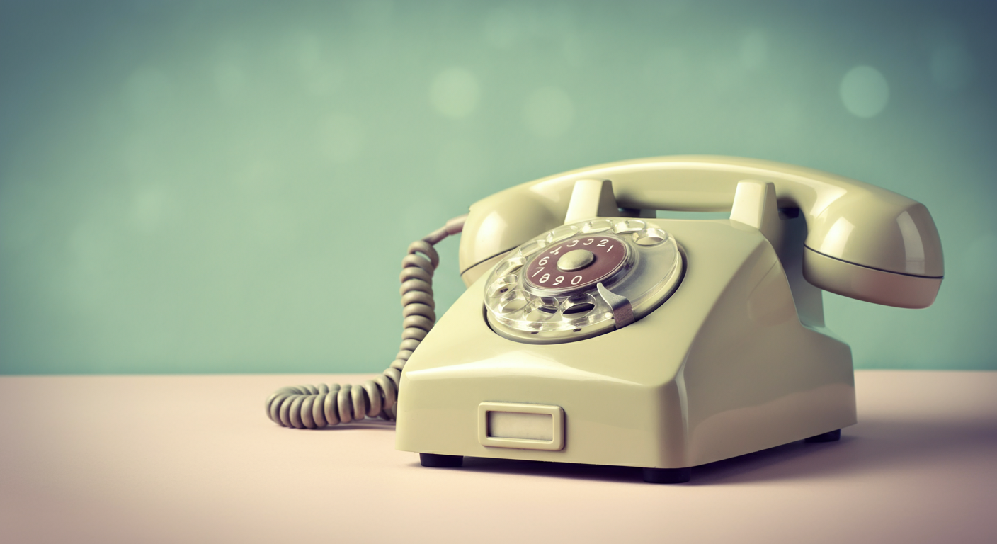 パステルカラーの背景に置かれた、レトロな電話の受話器。緊急時の連絡を暗示している。