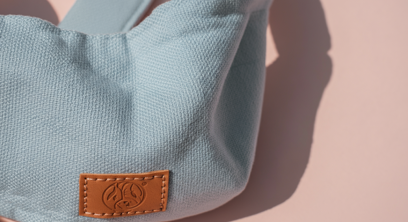 犬用スリングの、通気性が良く高品質な生地の質感を写した詳細な写真。パステルカラーのミニマルなスタイル。