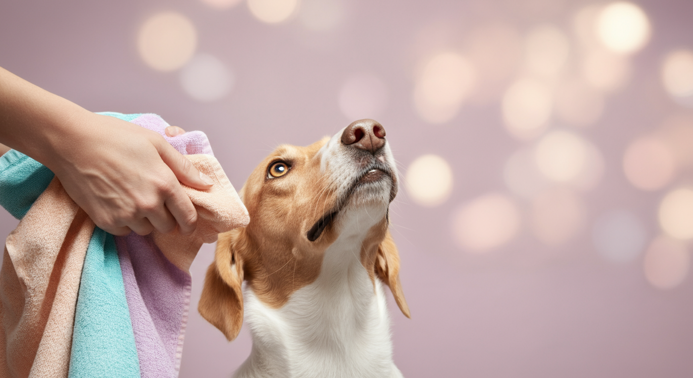 飼い主が持つパステルカラーのタオルを犬が穏やかな表情で見つめている
