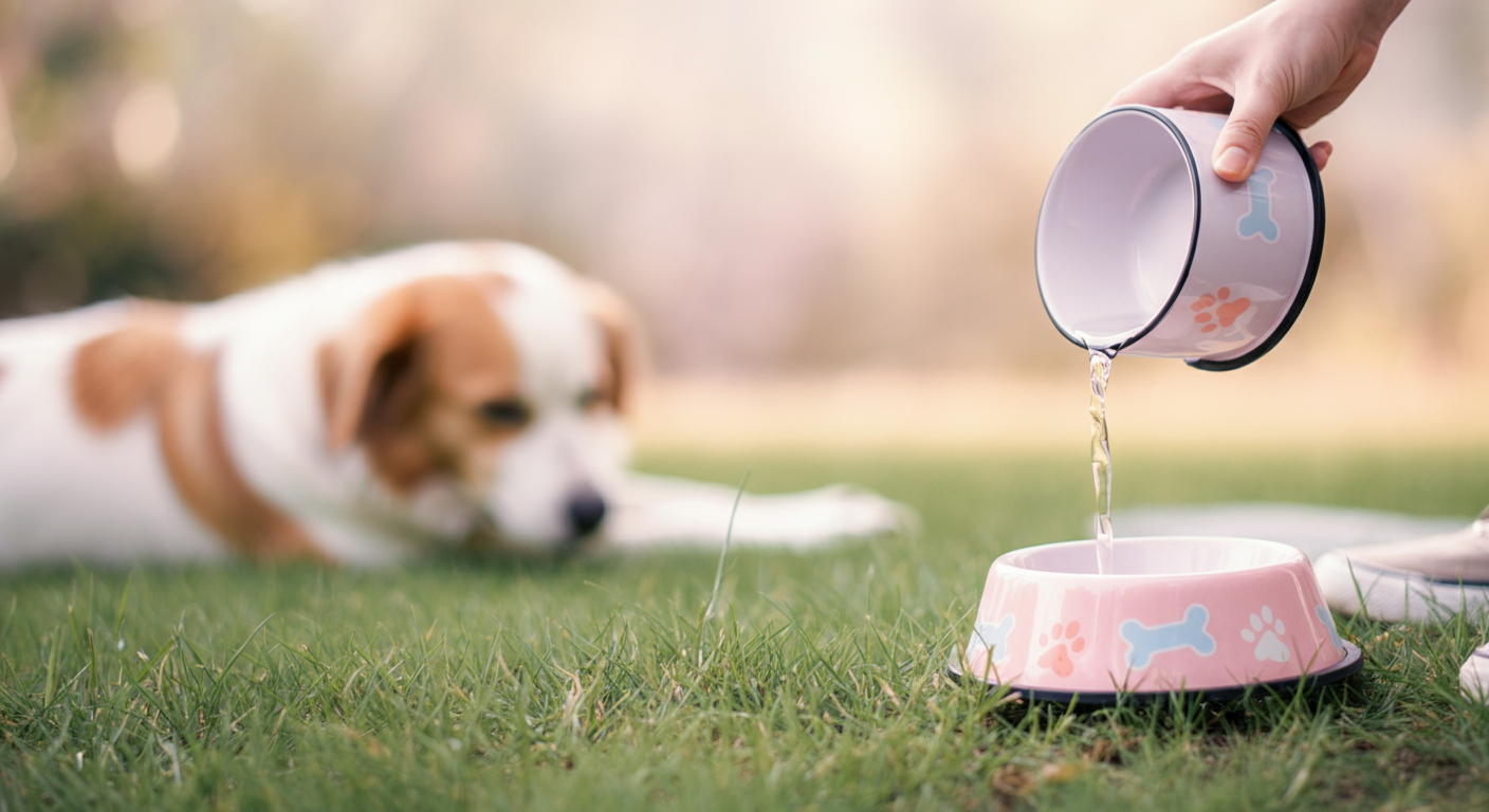 人の手が犬用のボウルに残った水を芝生の上に注いでいる様子。他の利用者への配慮と清潔さを表現した写真。