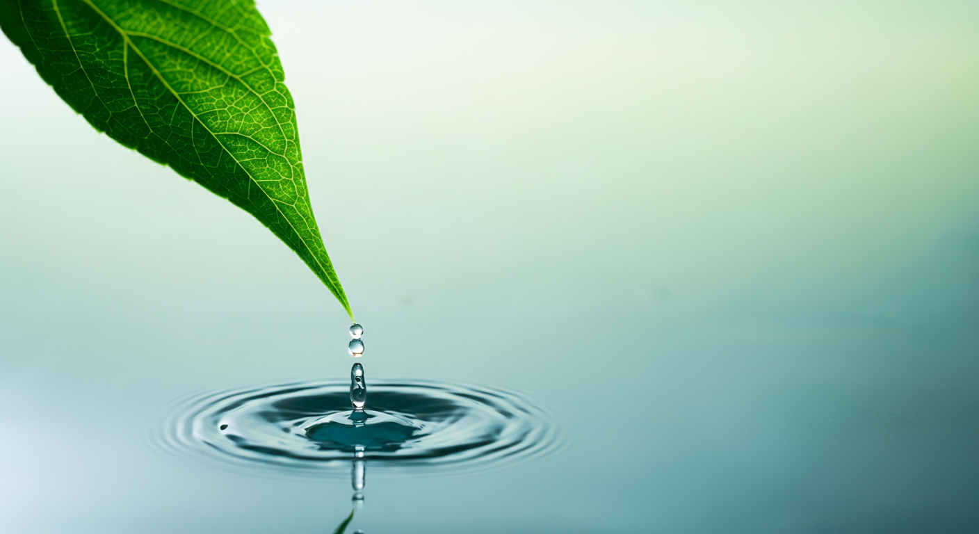 葉の先から透明な液体が一滴、水面に落ちて波紋を広げているマクロ写真。