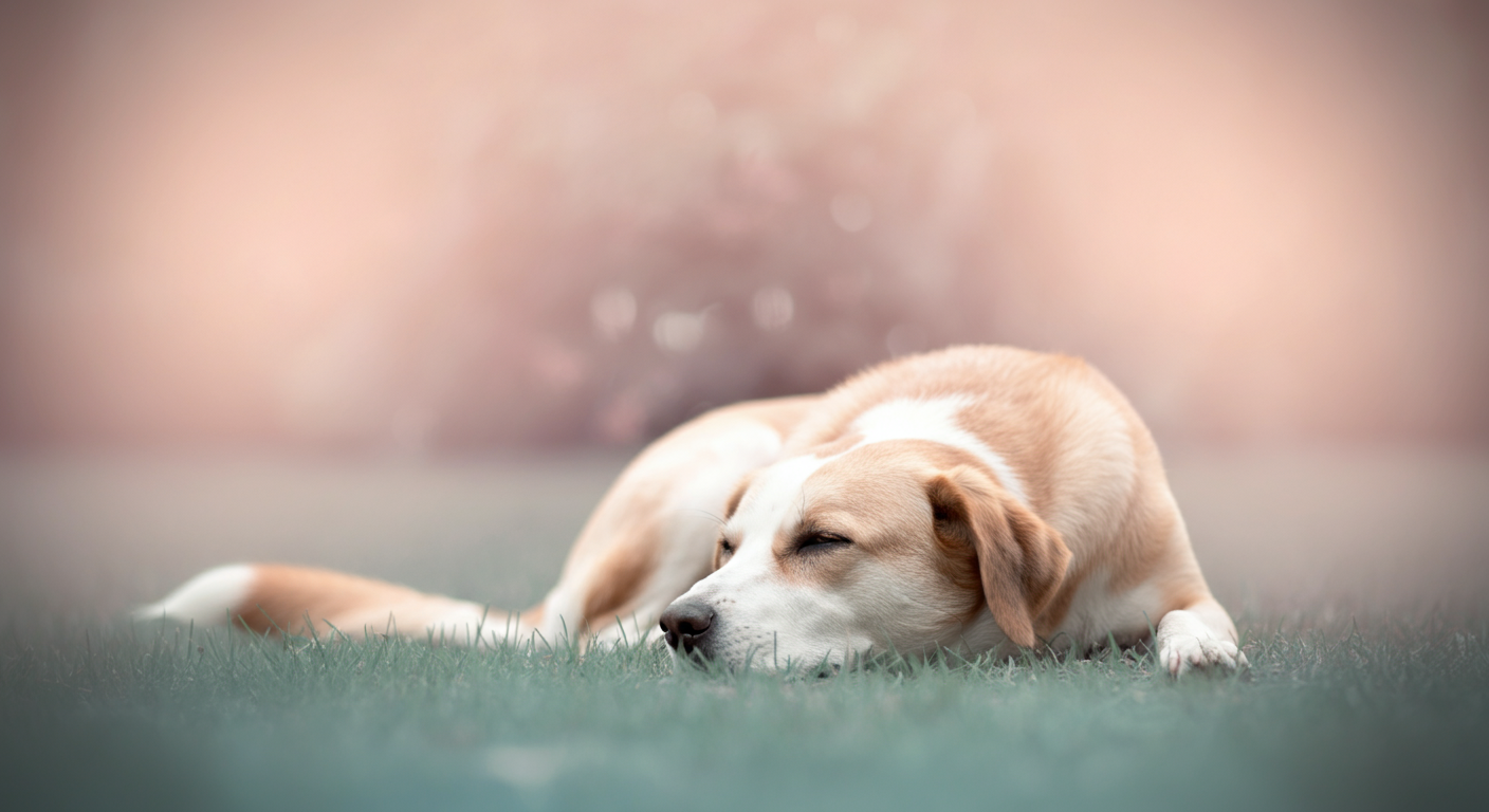 ドッグランの隅の静かな場所で、気持ちよさそうに伏せて休んでいる一匹の犬