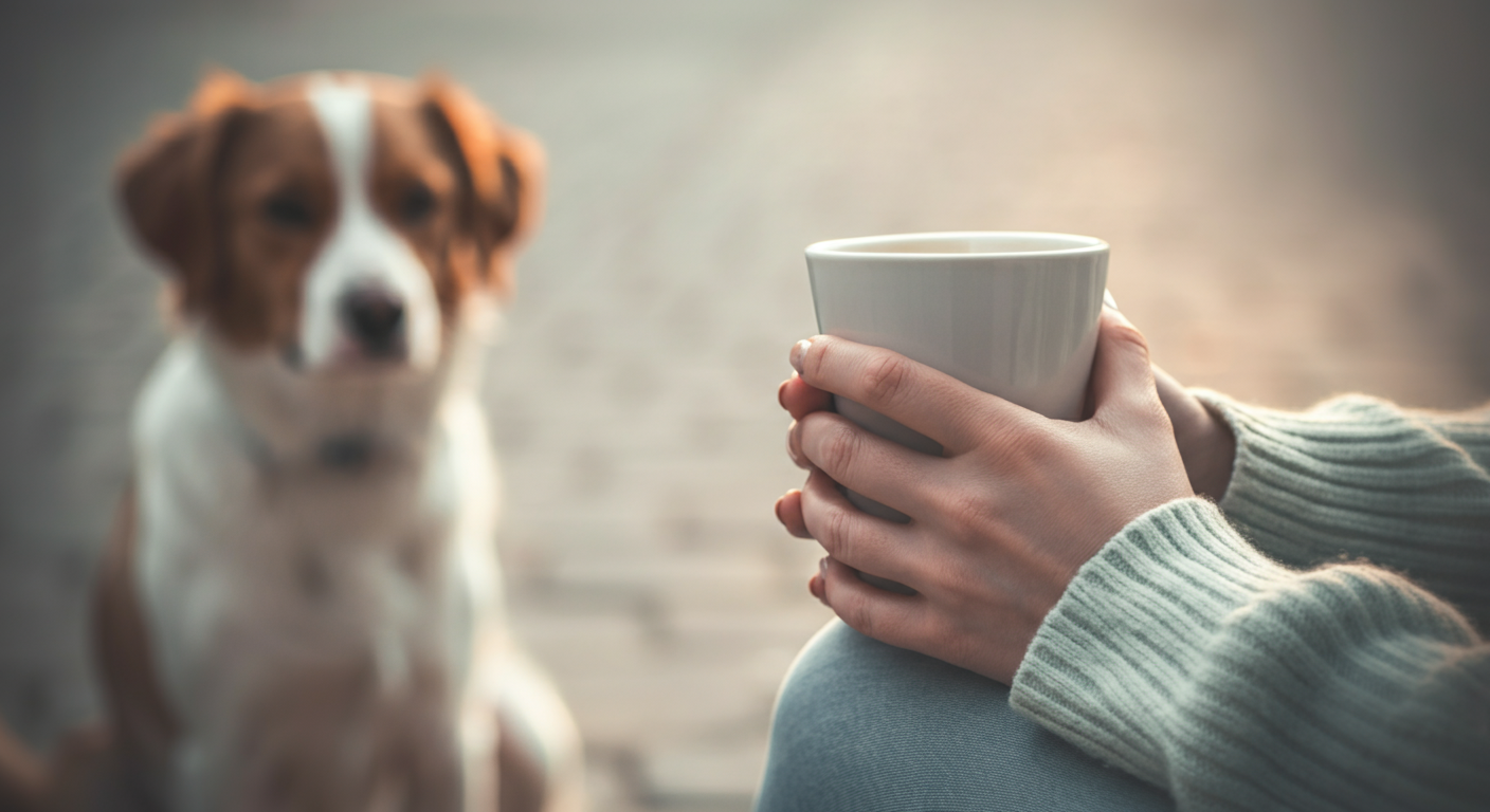 コーヒーカップを持つ飼い主の手元にピントが合った写真。背景には飼い主を信頼して待つ犬がぼやけて写っている。