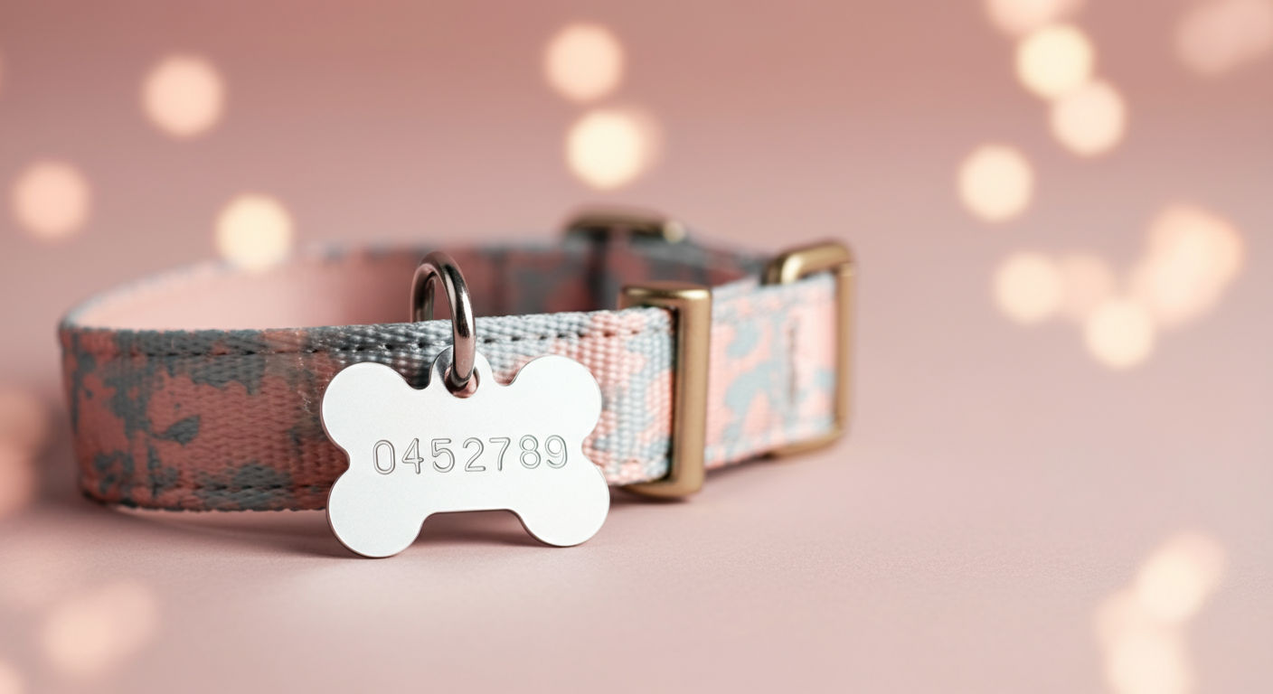 美しいデザインの迷子札のクローズアップ写真。迷子札には電話番号が刻まれており、光を反射して輝いている。
