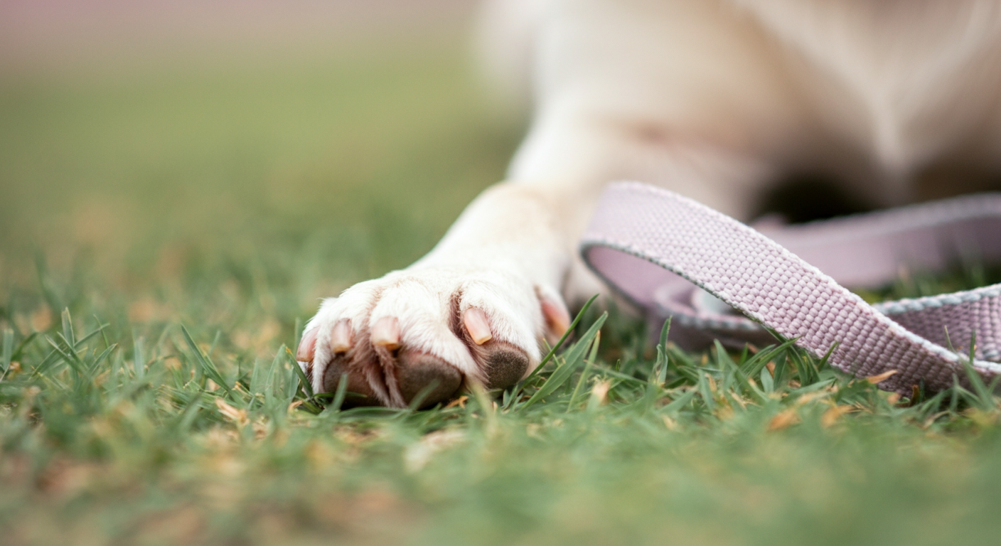 パステルカラーのリードの横にある、芝生の上の犬の足元のクローズアップ写真。