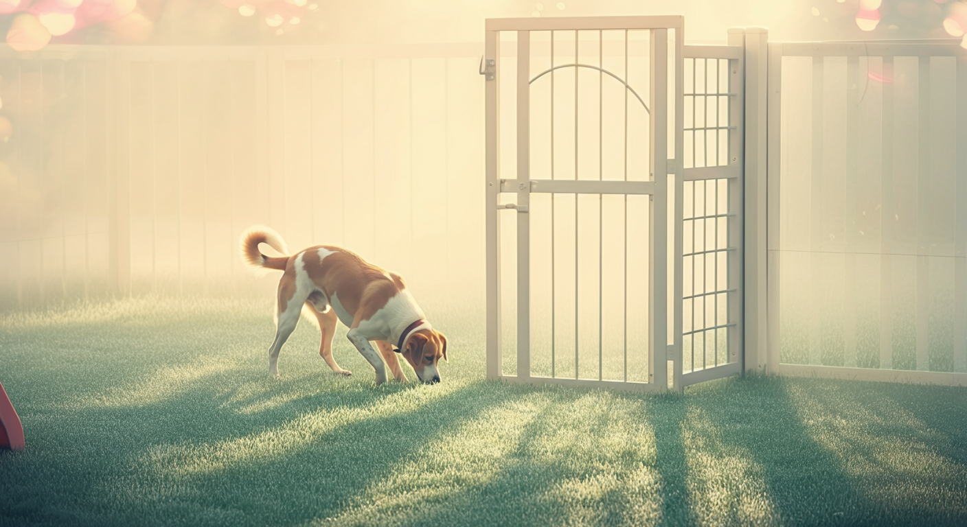 早朝の誰もいないドッグランで、一匹の犬が落ち着いて地面の匂いを嗅いでいる様子。