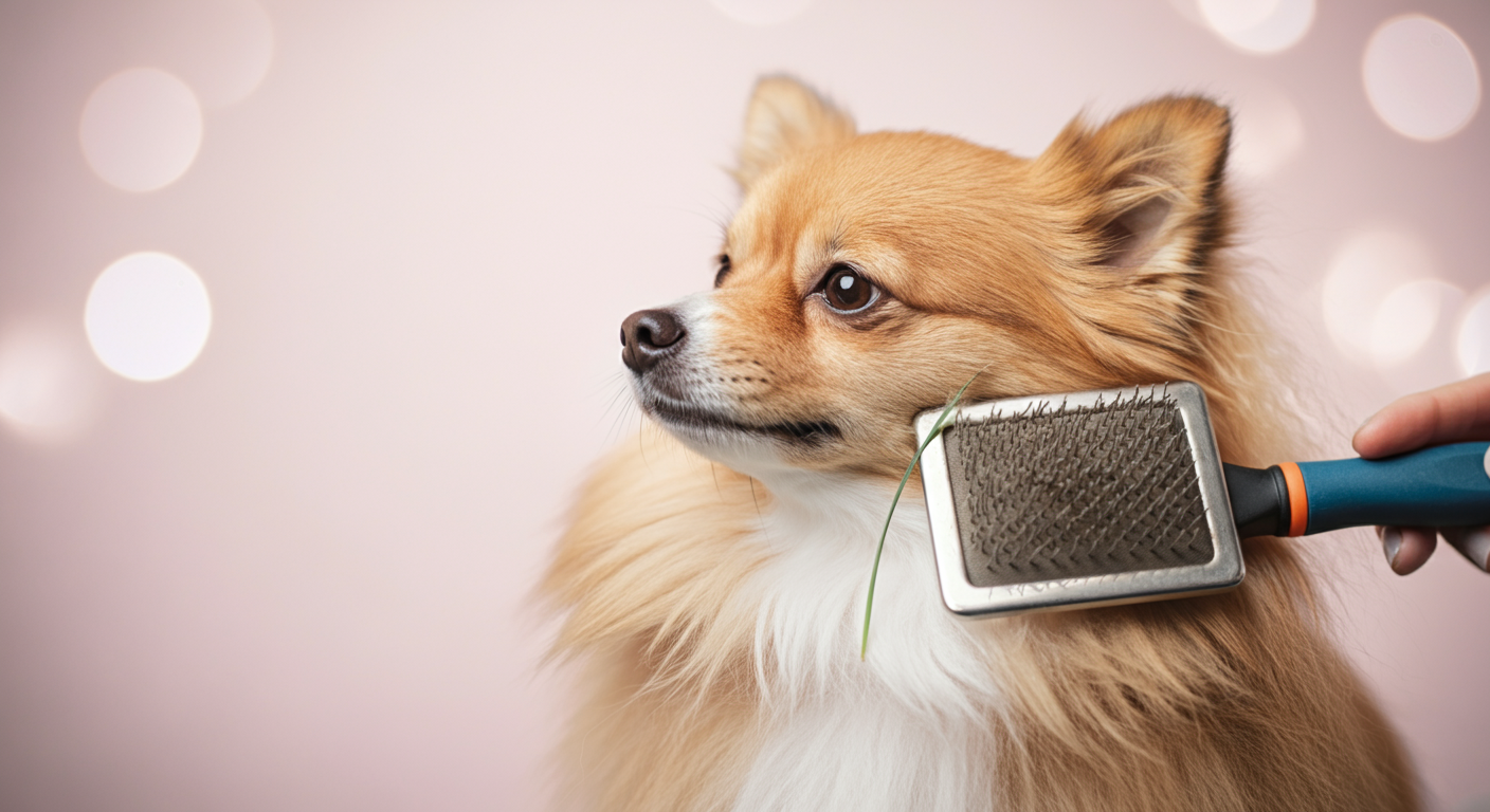 犬のフワフワした毛に付着した小さな草の種を、ブラシの先端が優しく取り除こうとしている瞬間を捉えた写真。