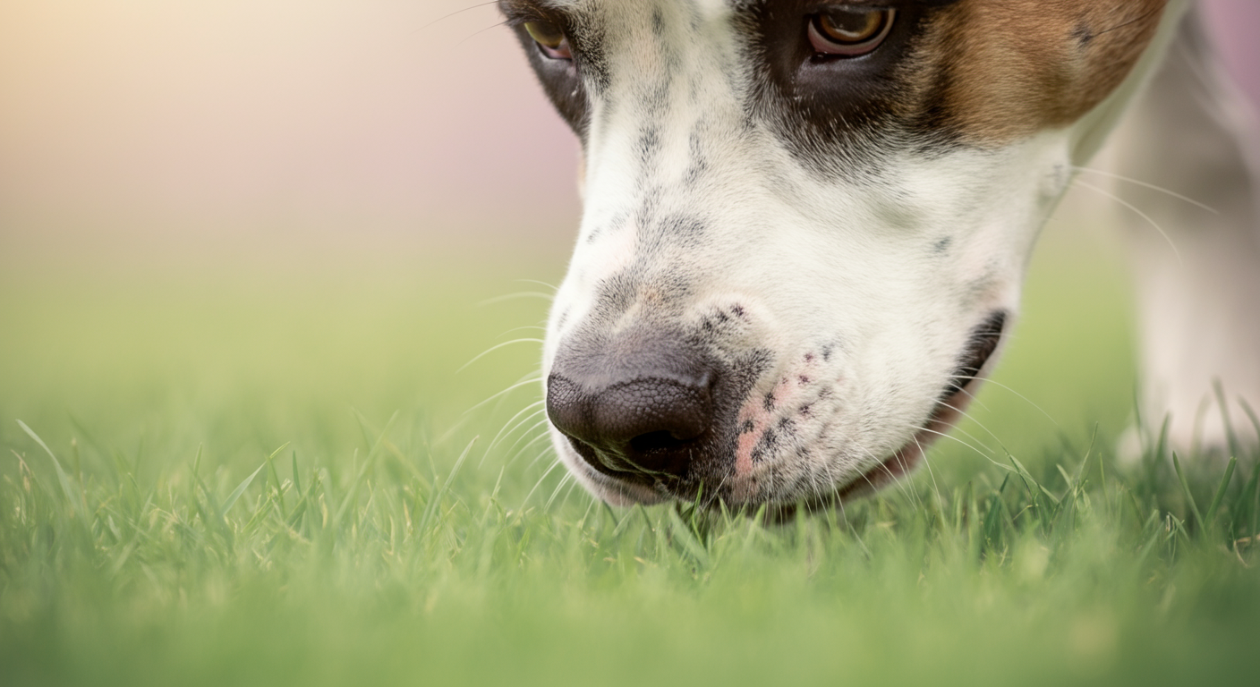 緑の芝生に隠されたおやつを、大型犬が鼻を近づけて一生懸命探している様子のクローズアップ。