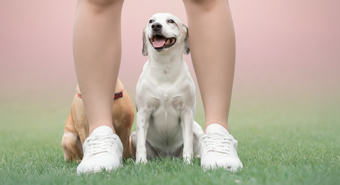 芝生の上にしっかりと立つ飼い主の足元と、その横で落ち着いて座る犬。