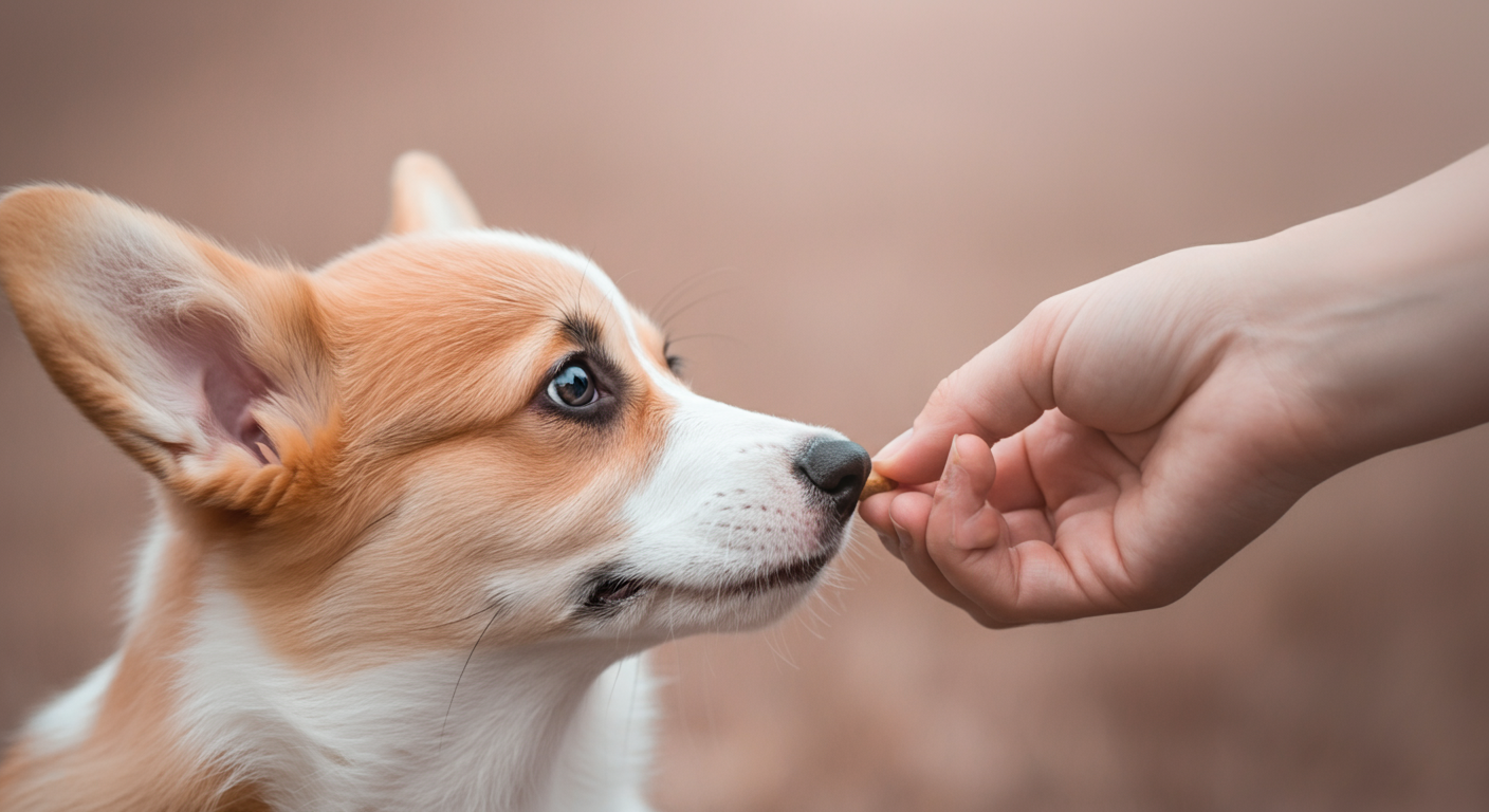 人の手が、コーギーの子犬に優しくトリーツを差し出しているクローズアップ写真。パステルカラーの優しい雰囲気。