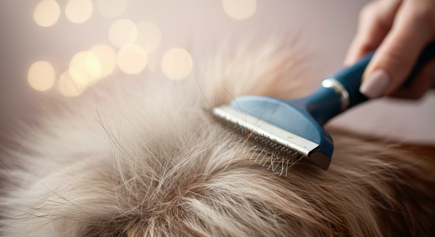 犬の密集したアンダーコートにスリッカーブラシが入っていく様子のマクロ写真。