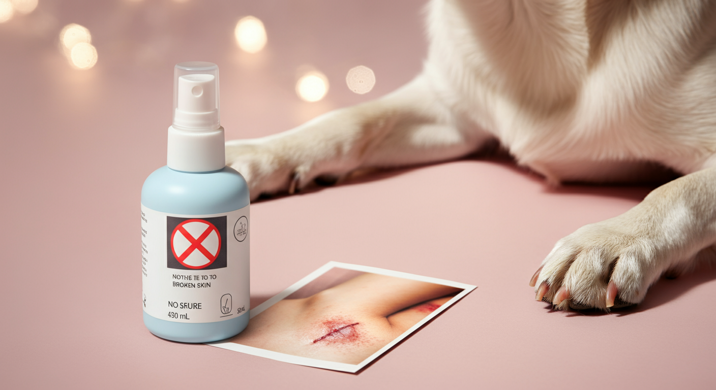 傷口のイラストの上にバツ印が描かれた、スプレーの注意喚起を象徴する抽象的な画像。近くに犬の足が見える。