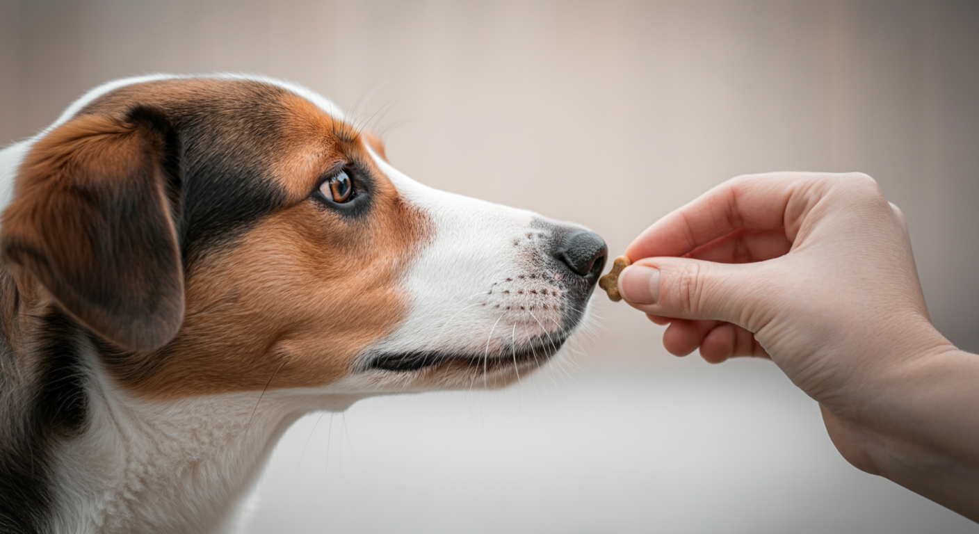飼い主が犬の鼻先におやつを差し出し、犬がそれに集中している様子のクローズアップ。