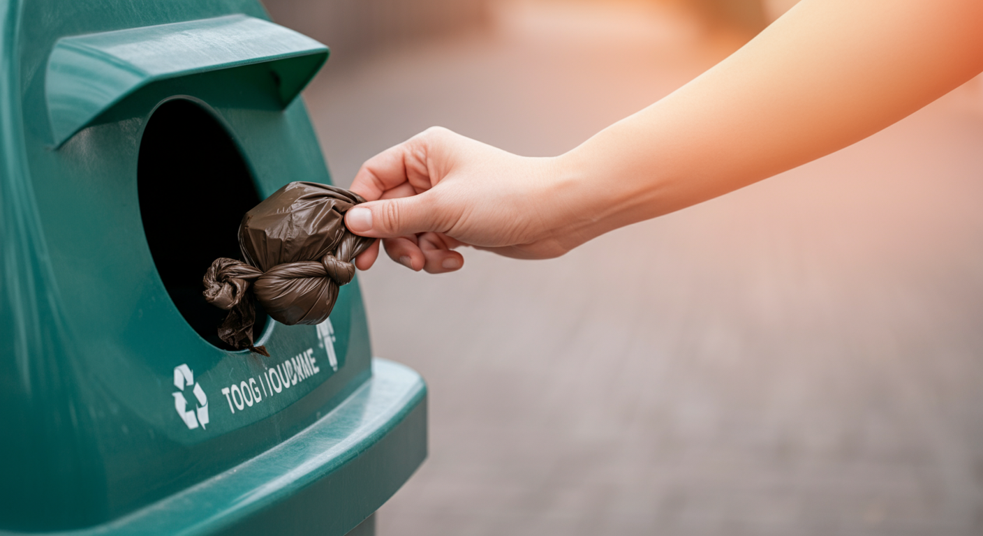 指定されたゴミ箱に、うんち袋をきちんと捨てている手の写真。