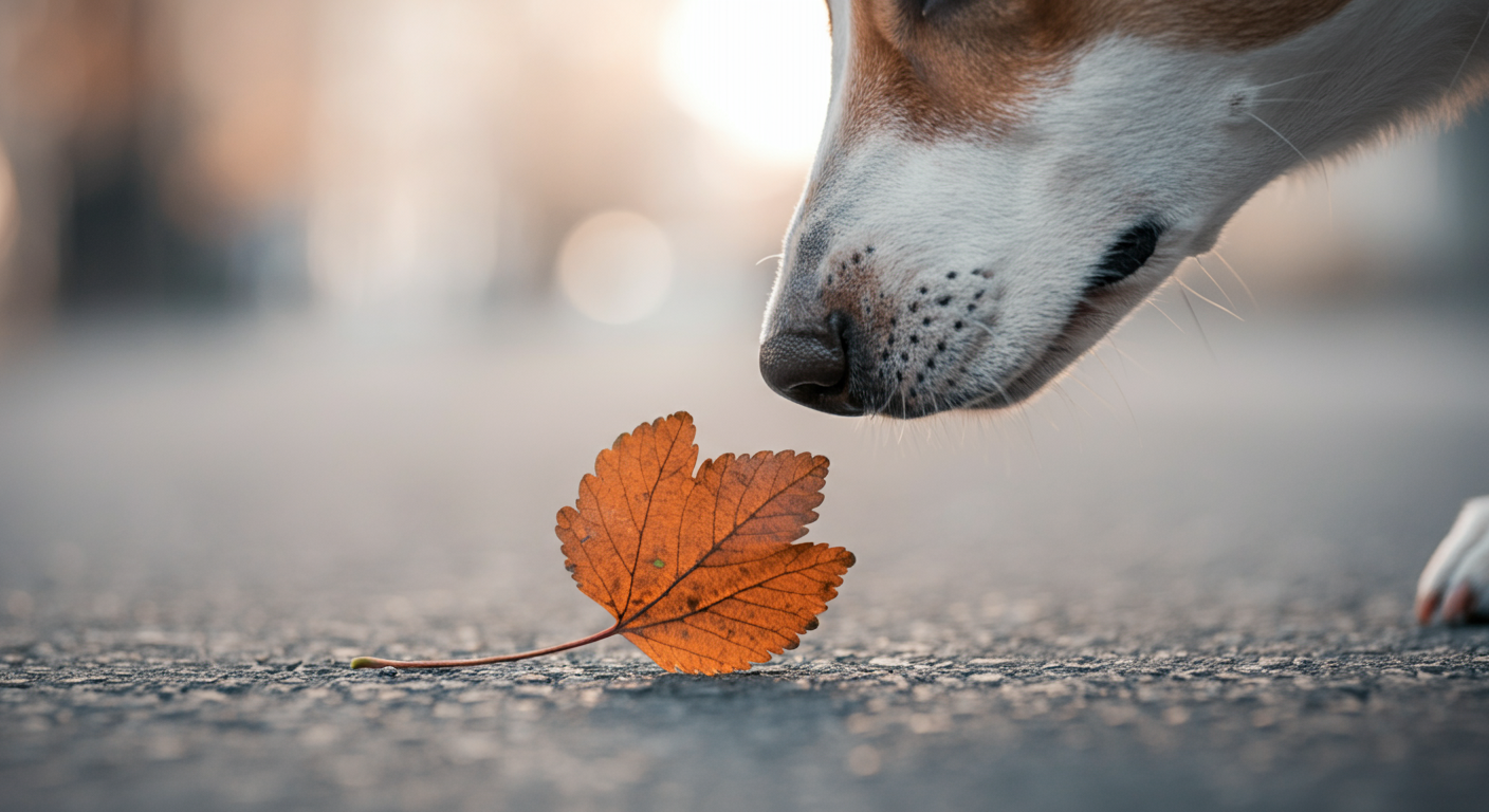 アスファルトの上に落ちた一枚の葉っぱ。その匂いを嗅ごうと、犬の鼻先がフレームインしてくる瞬間の写真。