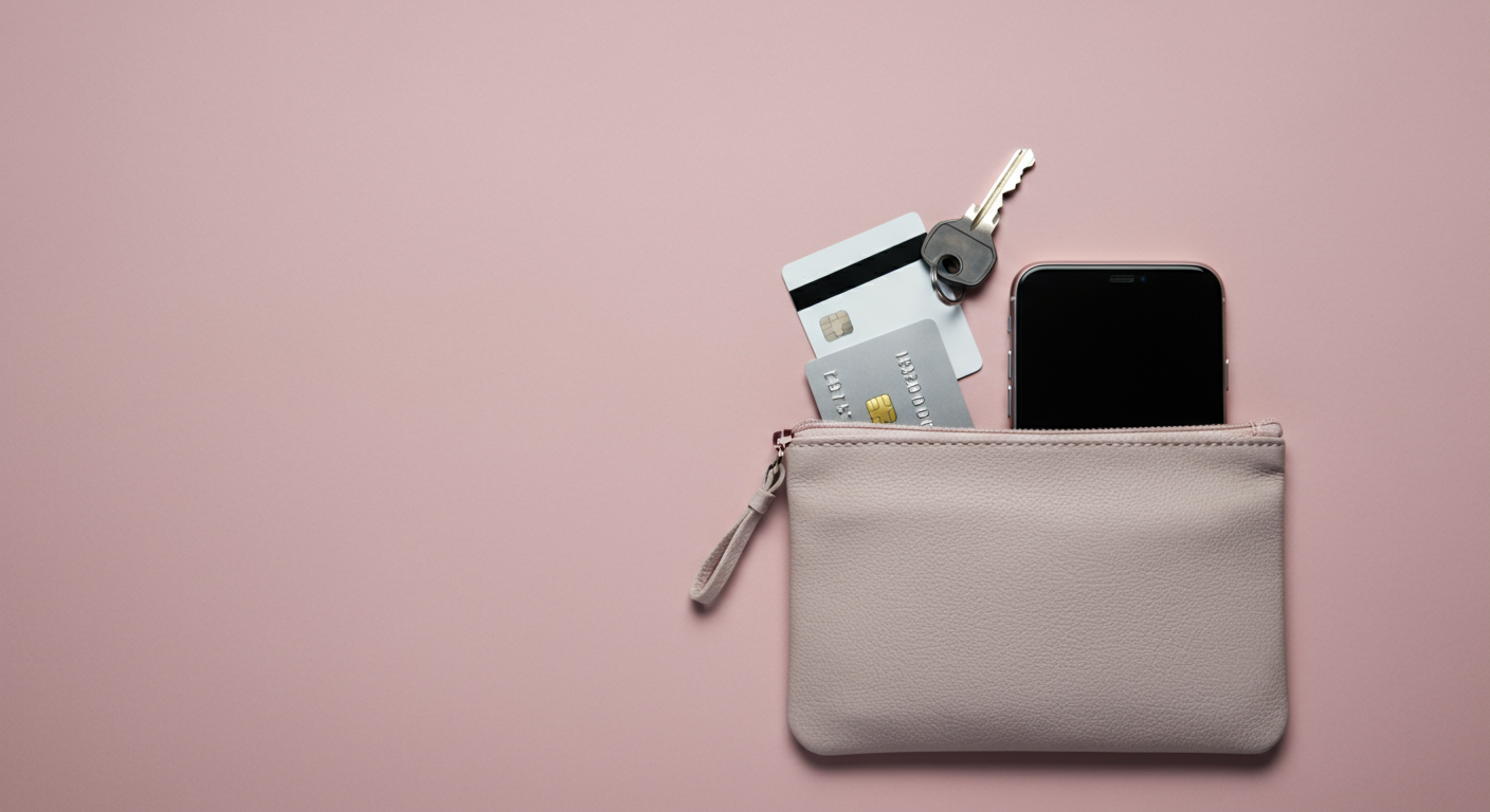 スマートフォンや鍵と、それらがぴったり収まるポケット付きのマナーポーチ