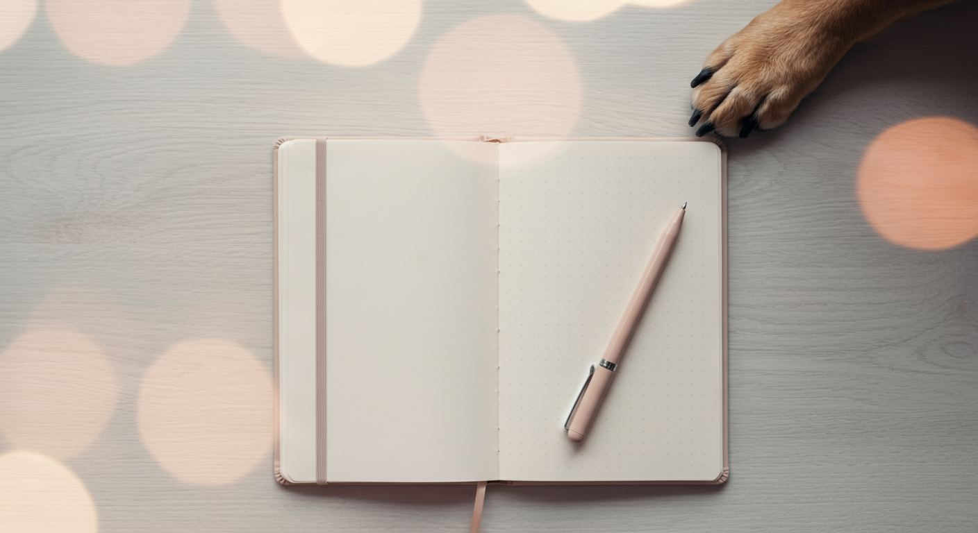 開かれたシンプルなノートとペンの横で、犬の足が静かに休んでいる様子の俯瞰写真。