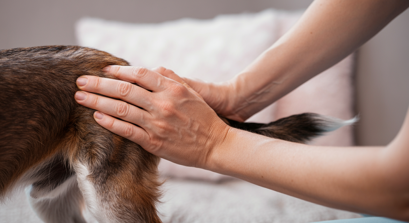 シニア犬の足の関節あたりを優しくマッサージする人の手。関節の健康をサポートする、穏やかなケアの様子を伝えている。