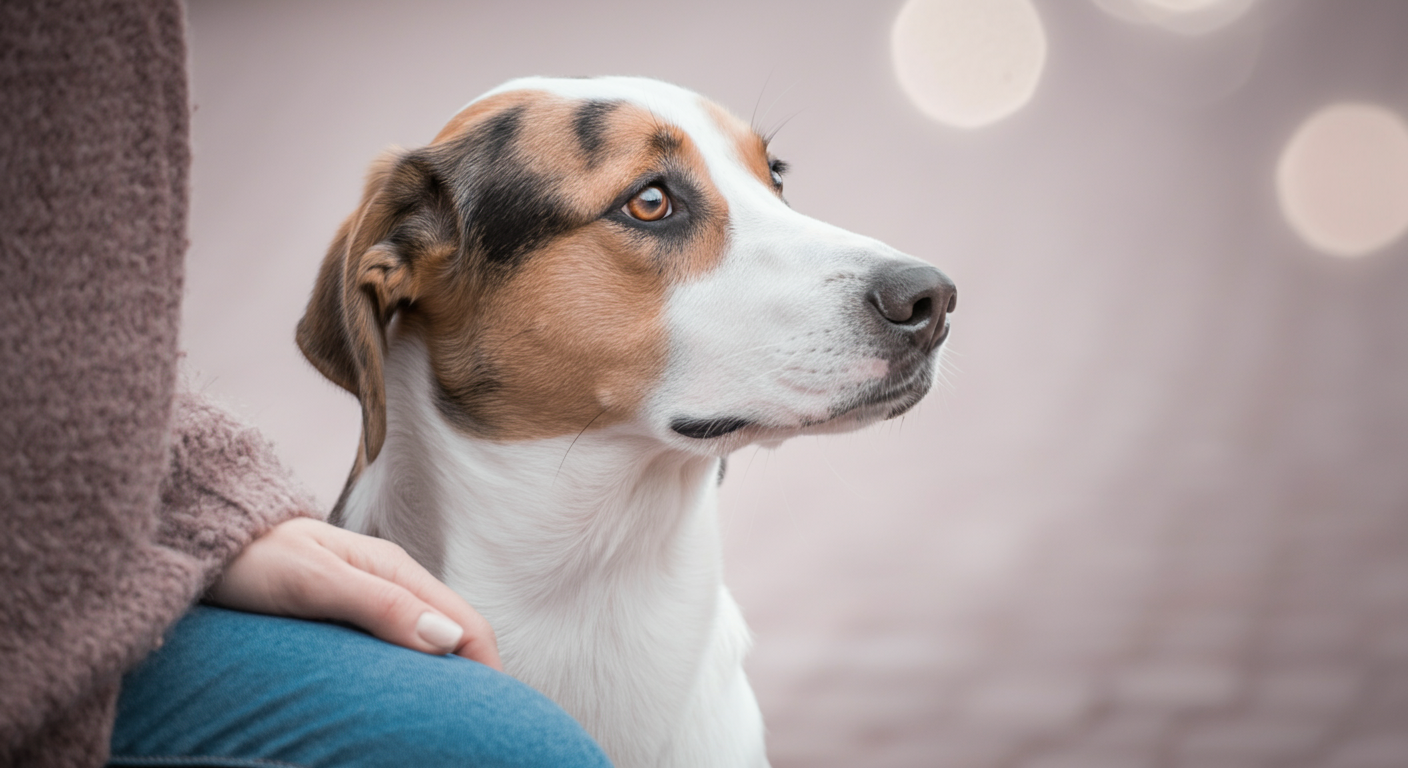飼い主の足元で落ち着いてお座りしている犬の横顔