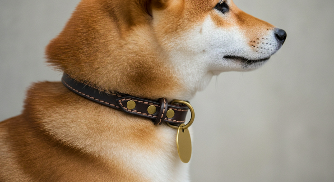 柴犬の首元。上質な革の首輪につけられた真鍮製の迷子札のクローズアップ。