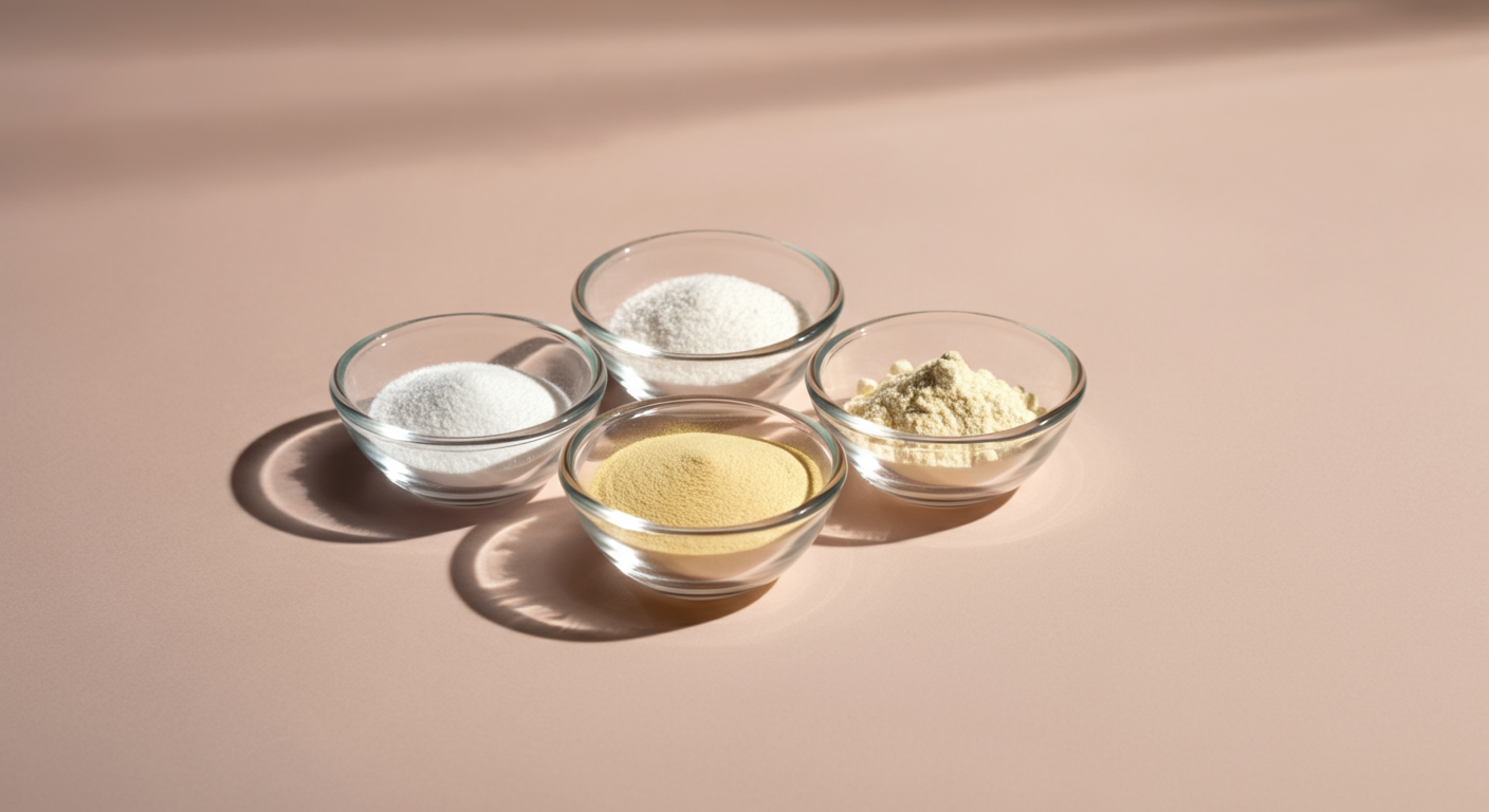 グルコサミン、コンドロイチン、MSMを象徴する、色の異なる粉末が入った3つのガラスボウル。