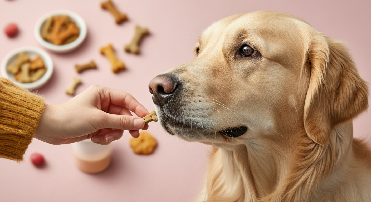 パステルピンクの背景に様々な犬用おやつが並び、人の手がゴールデンレトリバーに優しくおやつを差し出しているミニマルな写真。