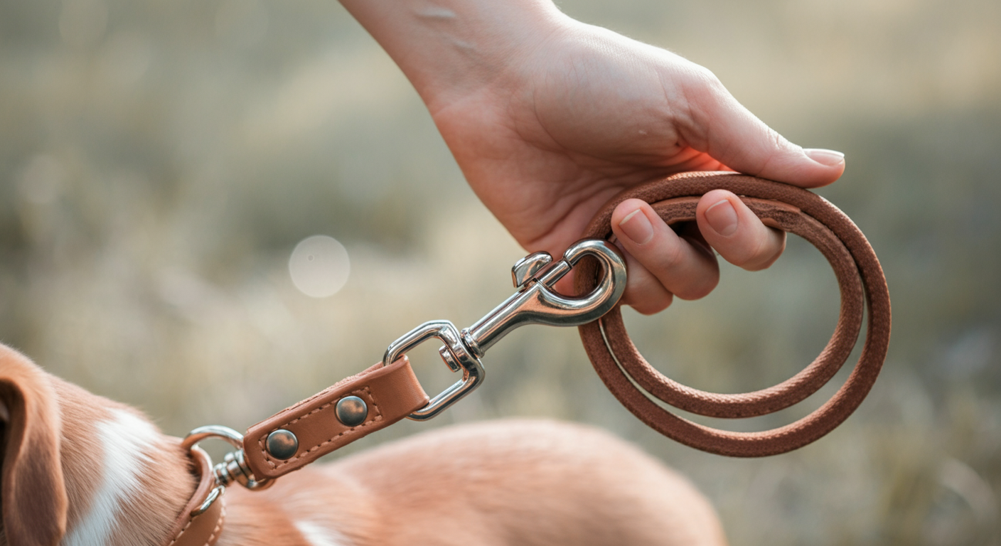 犬の首輪からリードのカラビナを外そうとしている飼い主の手元のクローズアップ。