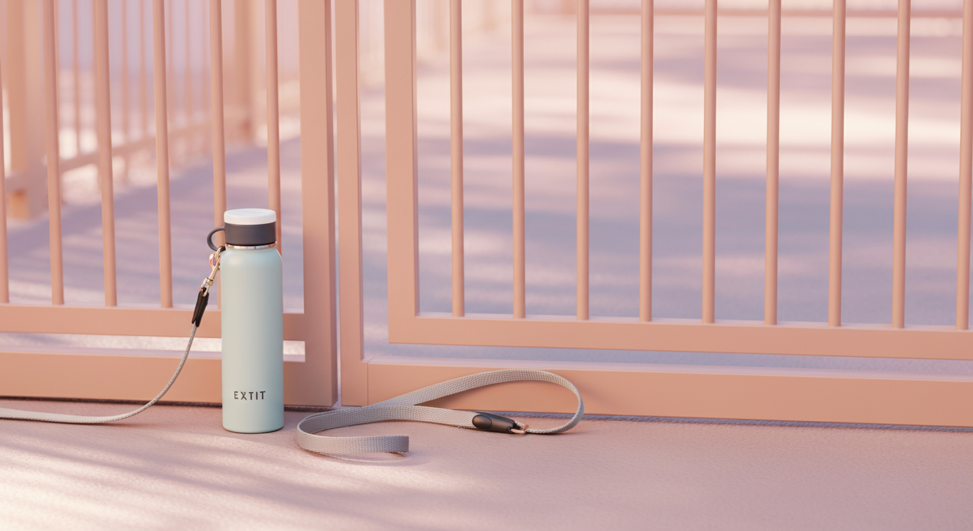 ドッグランの出口のそばに置かれたリードと水筒