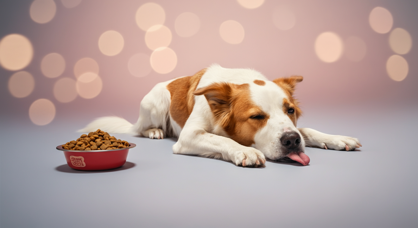 遊び疲れて幸せそうに舌を出している犬と、少し離れた場所に置かれたフードボウル。食事の前にクールダウンが必要であることを示している。