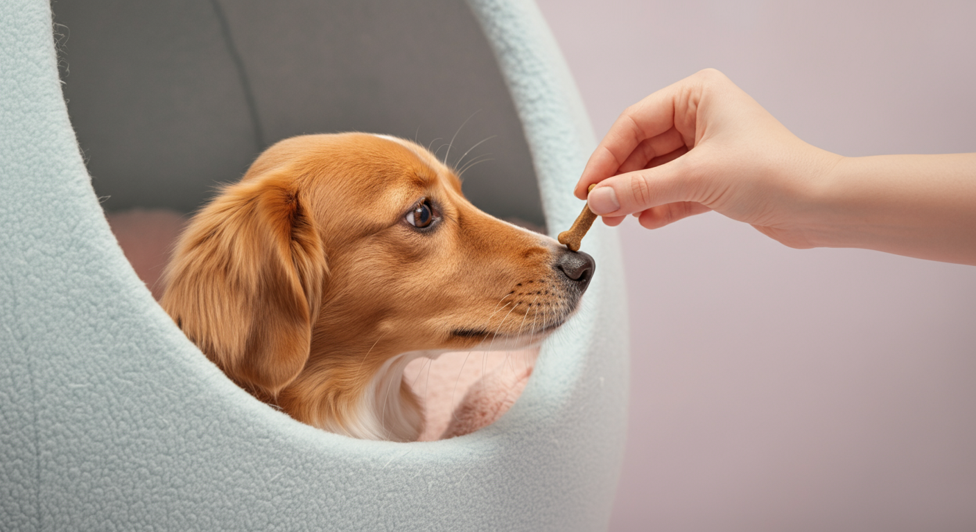 パステルカラーのクレートの中にいる一匹の犬に、人間の手が優しくおやつを与えているクローズアップ写真。