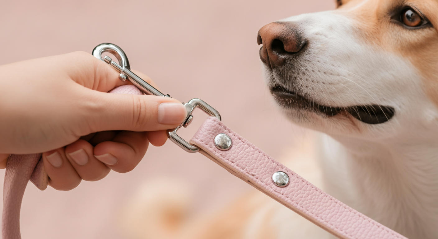 パステルカラーの短い犬用リードの金具部分のクローズアップ。背景にはぼやけた犬の鼻が見える。