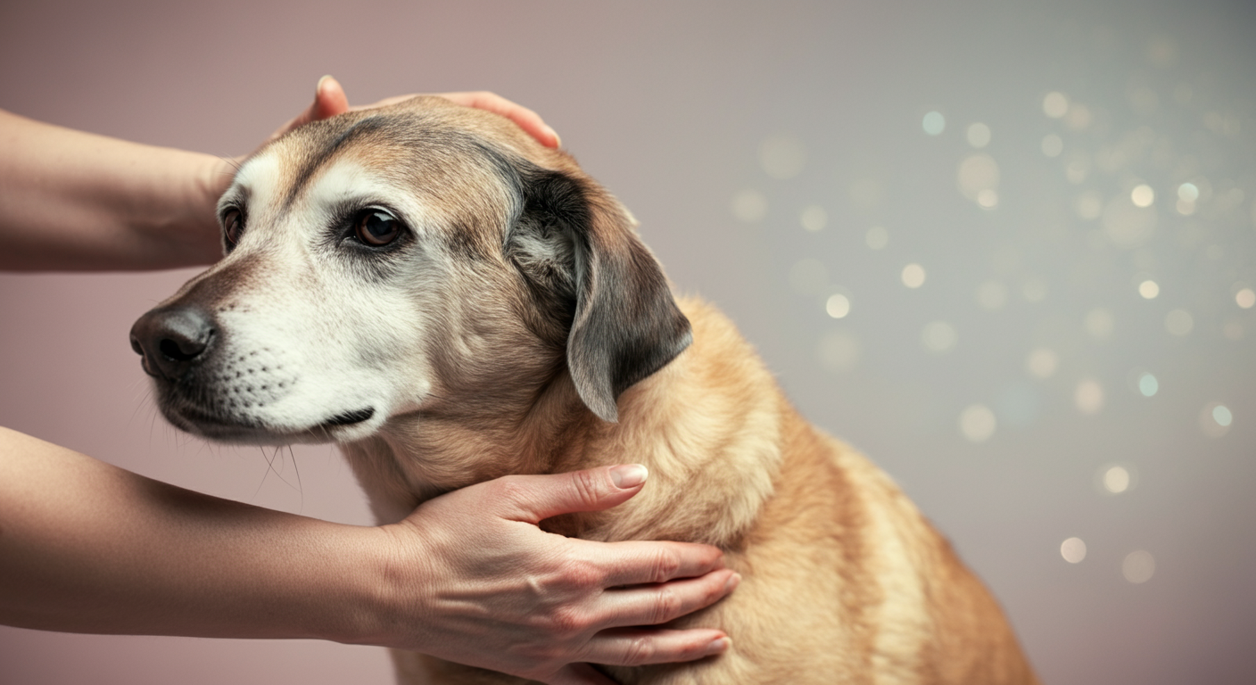 シニア犬の肩を優しくマッサージする人の手のクローズアップ。