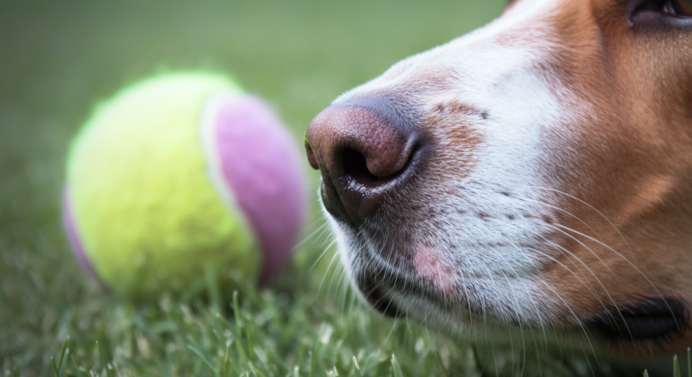 パステルカラーのボールが置かれた芝生を背景に、犬の鼻をクローズアップした写真。状況を注意深く確認している様子を表している。